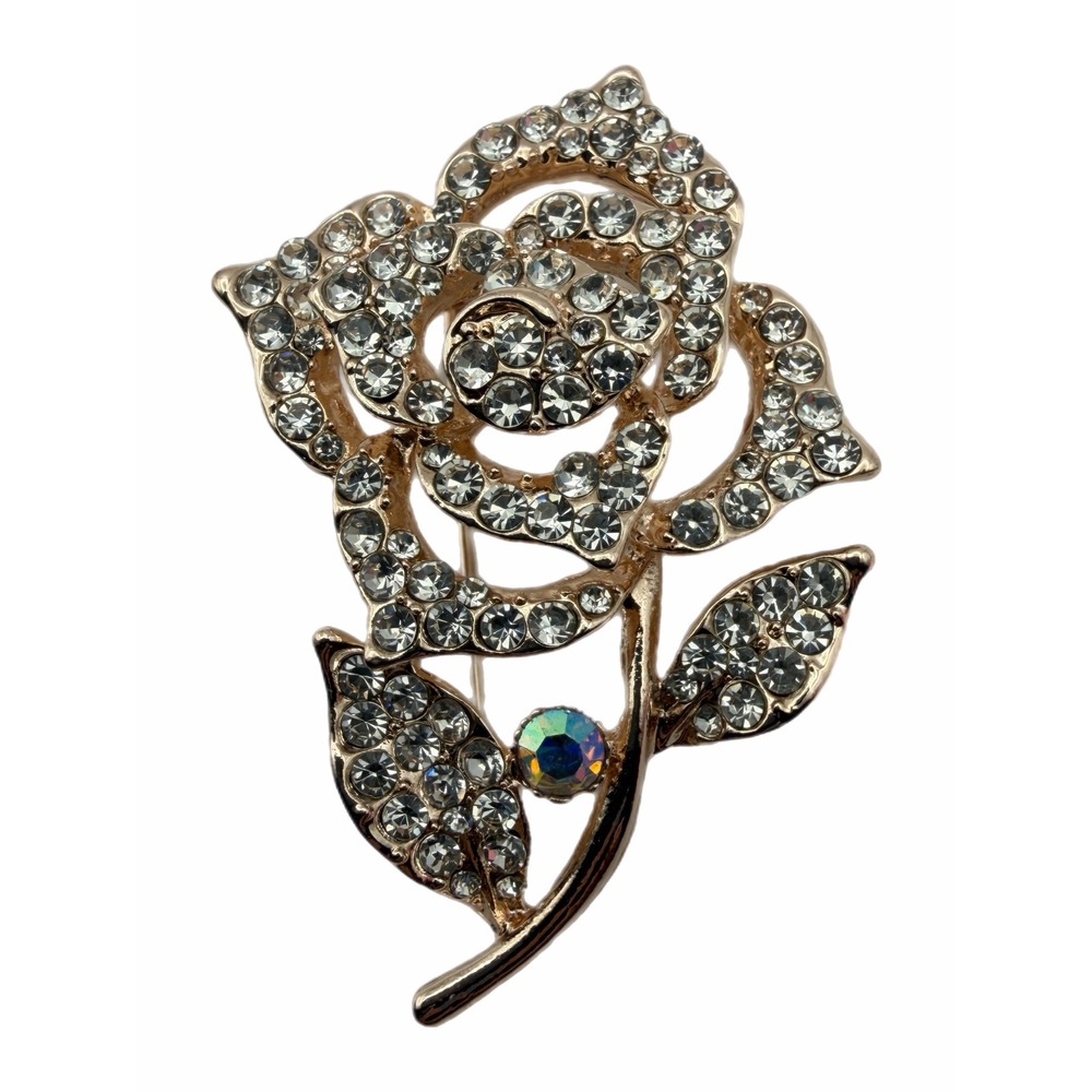 Gold Tone Rhinestone Rose Flower Brooch Pin Clear AB Crystal Floral Accessory